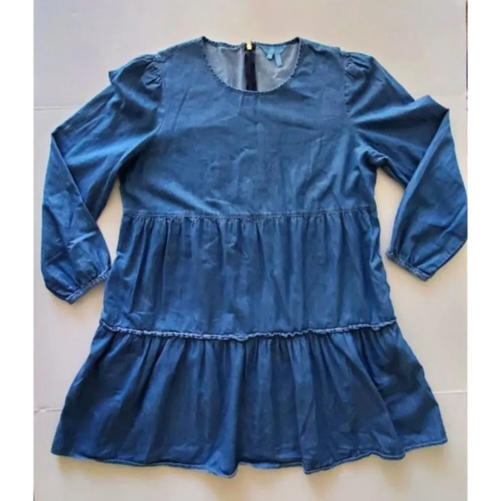 Draper James Tiered Blue Chambray Dress Cotton Mini Women Sz L Cottagecore - Picture 2 of 8